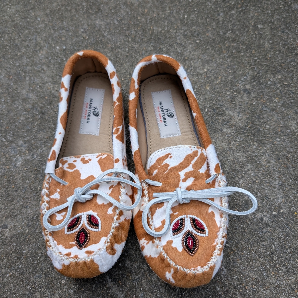 Minnetonka Brown and White Moccasins